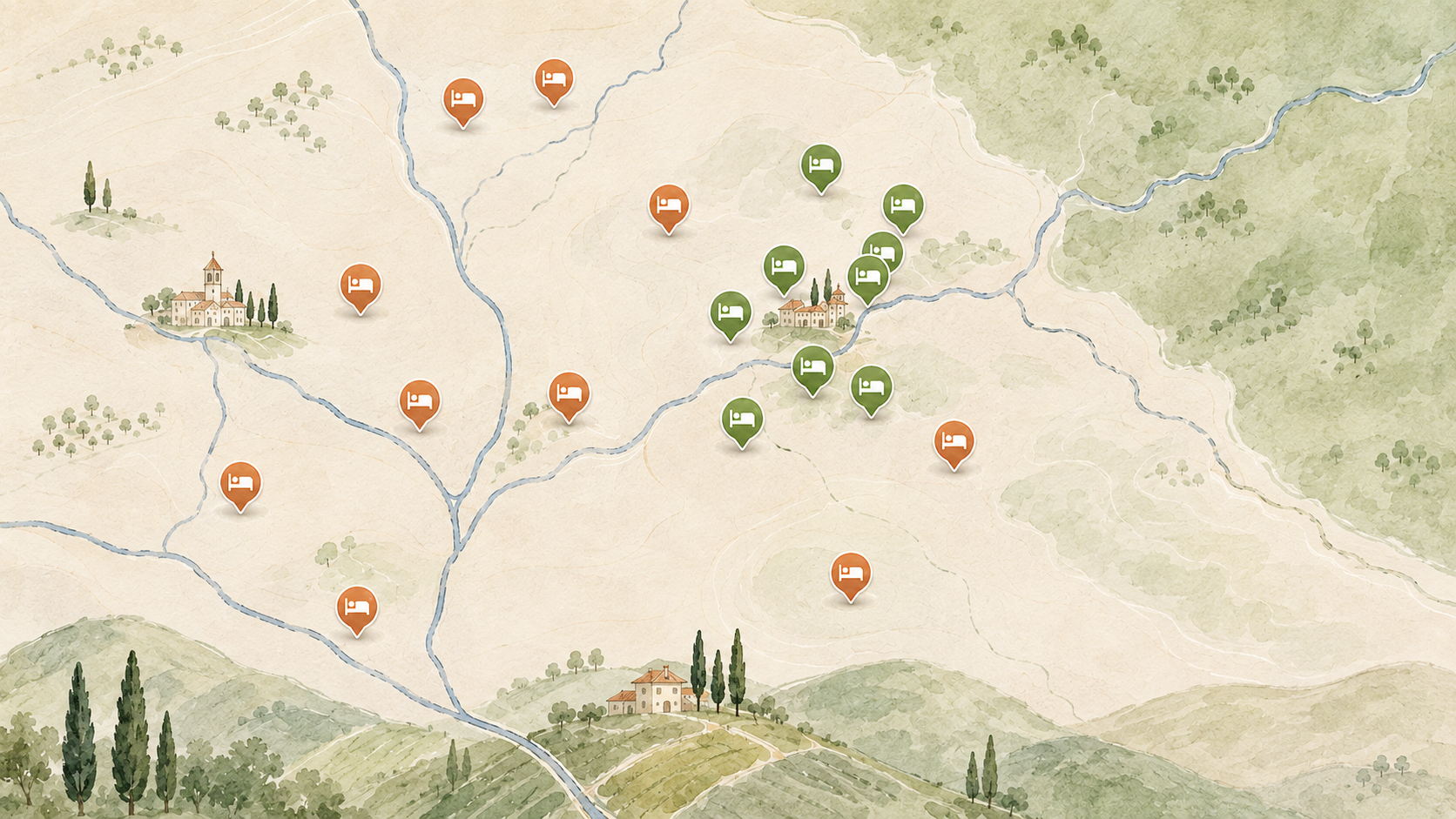Illustrierte Unterkunftskarte für Pienza, Monticchiello und das Val d’Orcia